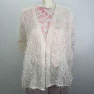 Handmade Ivory‎ Eyelash Tinsel Open Front Sheer Cardigan Shaggy Boho One Size